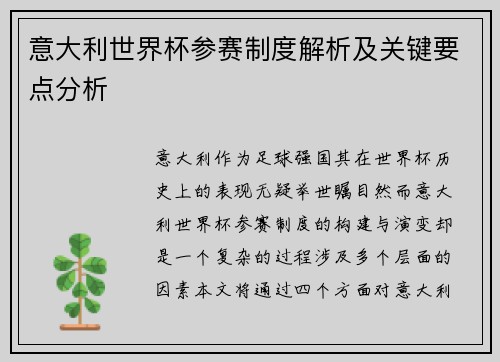 意大利世界杯参赛制度解析及关键要点分析
